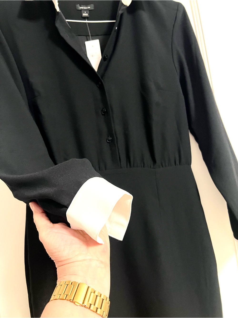 NWT Ann Taylor Black  Long-Sleeve Shirt-Collar Dress with White Collar & Cuffs - Picture 5 of 9
